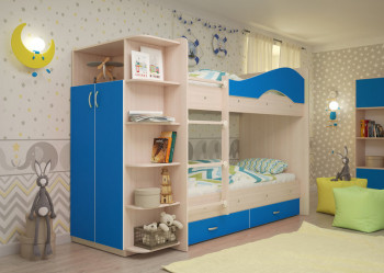 Кровать Мая двухъярусная с ящиками и шкафом Млечный дуб/Голубой в Каргате - kargat.mebel54.com | фото