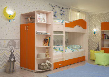 Кровать Мая двухъярусная с ящиками и шкафом Млечный дуб/Оранжевый в Каргате - kargat.mebel54.com | фото