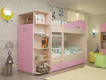 Кровать Мая двухъярусная с ящиками и шкафом Млечный дуб/Розовый в Каргате - kargat.mebel54.com | фото