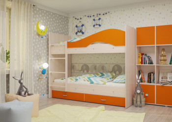 Кровать Мая двухъярусная с ящикамиМлечный дуб/Оранжевый в Каргате - kargat.mebel54.com | фото
