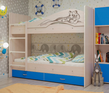 Кровать Мая-Сафари двухъярусная с ящикамиМлечный дуб/Голубой в Каргате - kargat.mebel54.com | фото
