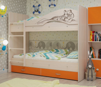 Кровать Мая-Сафари двухъярусная с ящикамиМлечный дуб/Оранжевый в Каргате - kargat.mebel54.com | фото
