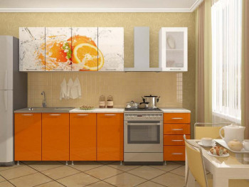 Кухонный гарнитур 1,6м Апельсин (Белый/Оранжевый металлик/Фотопечать апельсин) в Каргате - kargat.mebel54.com | фото